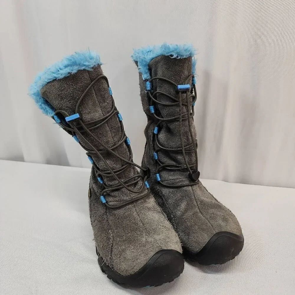 KEEN Brighton Size 4 WP Winter Boot Little Kid/Big Kid Grey Suede Blue Faux Fur